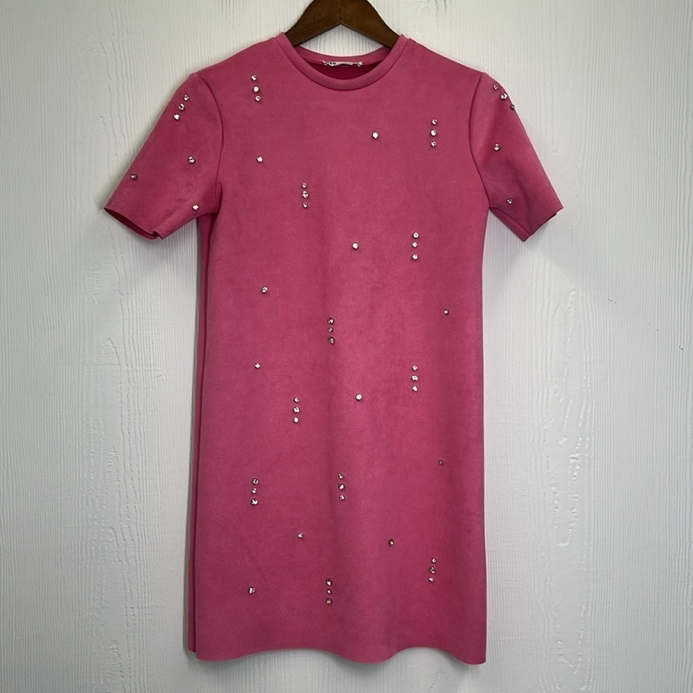Zara - Pink Faux Suede Jewel Rhinestone Light Short Sleeve Mini Dress Size XS - Picture 10 of 13